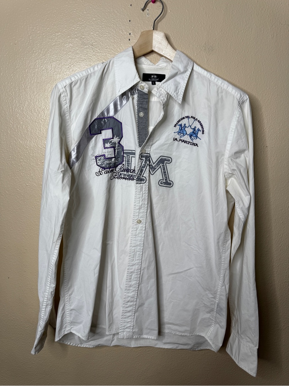 La Martina Shirt Men Large White Long Sleeve Button Front Palm Beach Embroidered